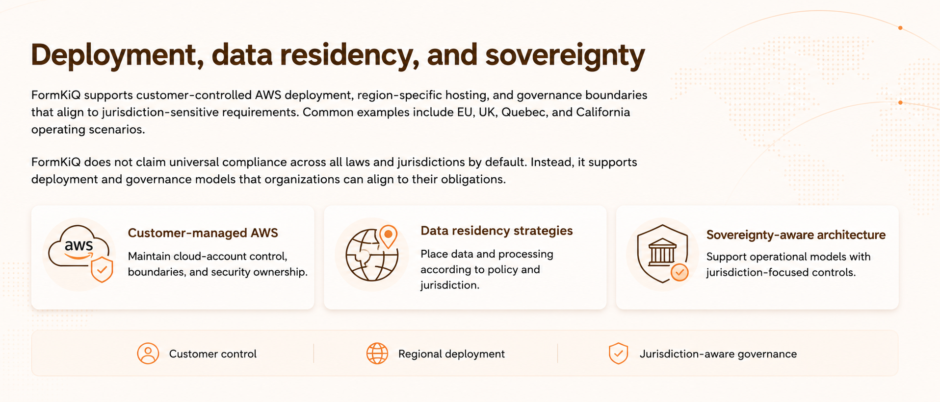 Deployment, data residency, and sovereignty — customer-managed AWS, data residency strategies, and sovereignty-aware architecture support customer control, regional deployment, and jurisdiction-aware governance