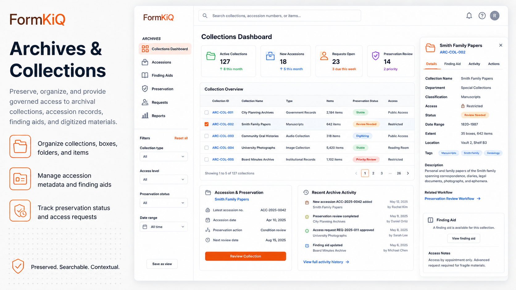 FormKiQ archives and collections dashboard with collections, accessions, finding aids, preservation status, and access requests