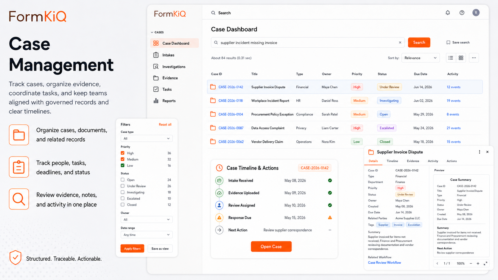 FormKiQ case management dashboard with case search, timeline, evidence, status, and case details