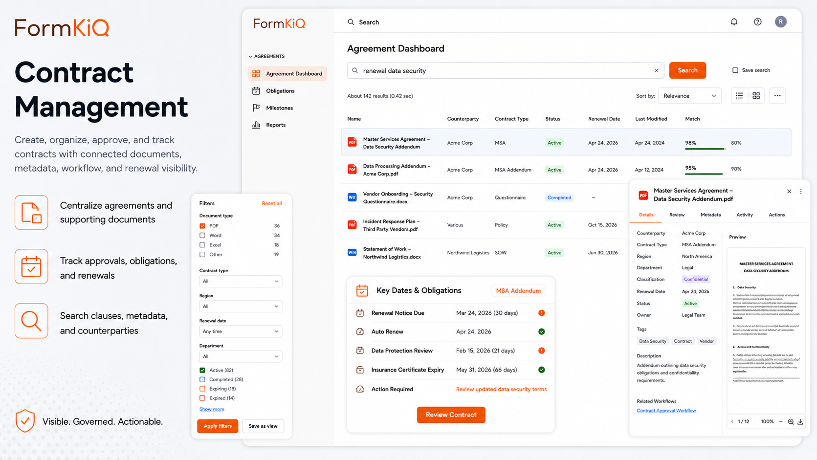 FormKiQ contract management dashboard with agreement search, obligations, renewals, and contract details