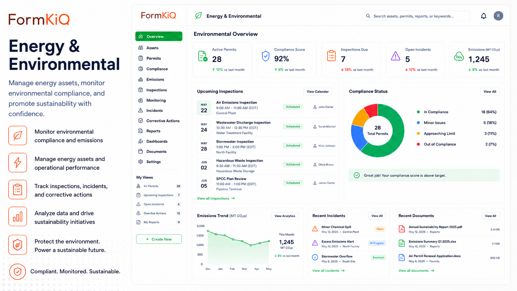 FormKiQ energy and environmental compliance dashboard with permits, inspections, emissions, incidents, and compliance status