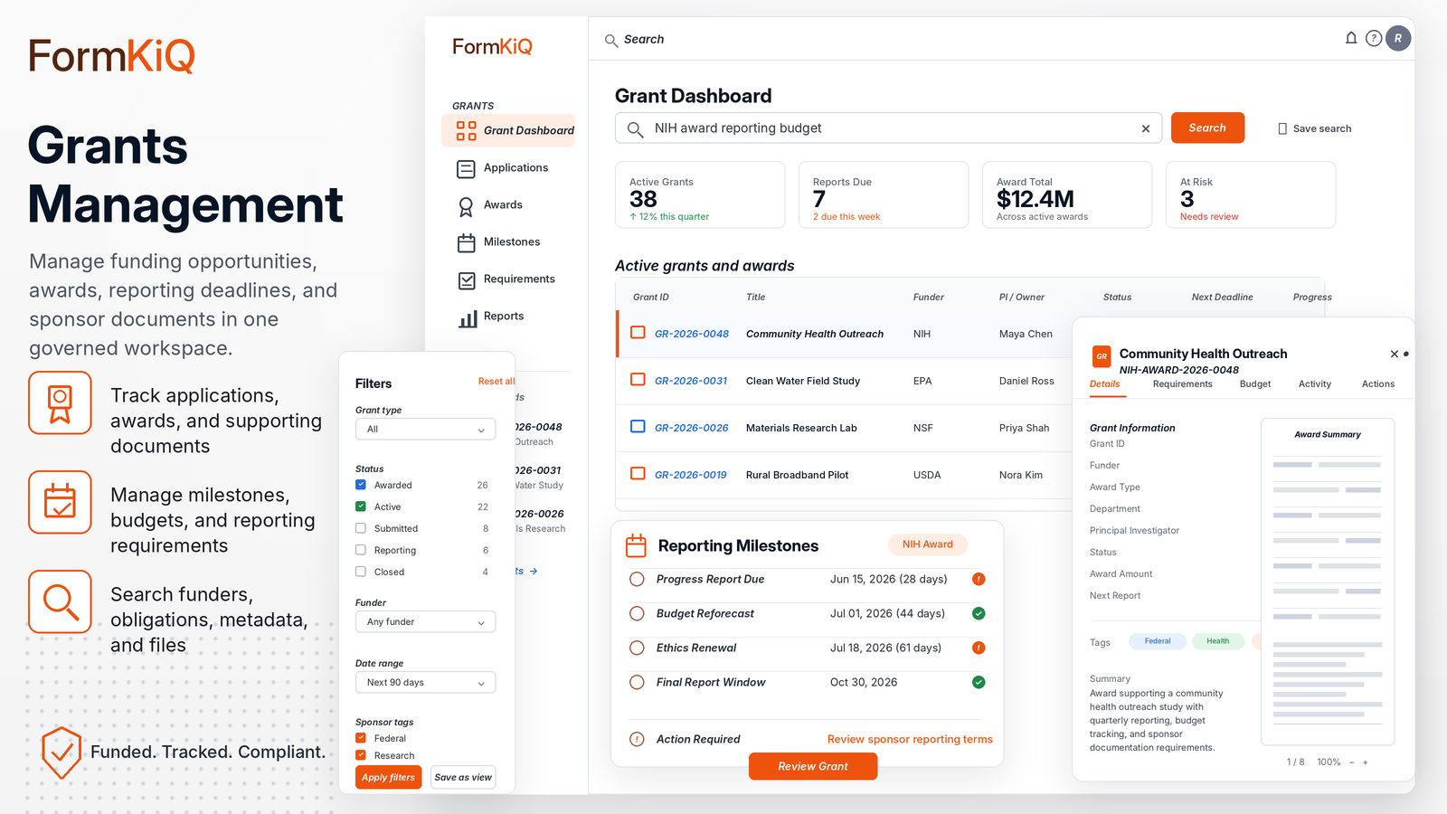 FormKiQ grants management dashboard with grant search, reporting milestones, award details, and sponsor documents