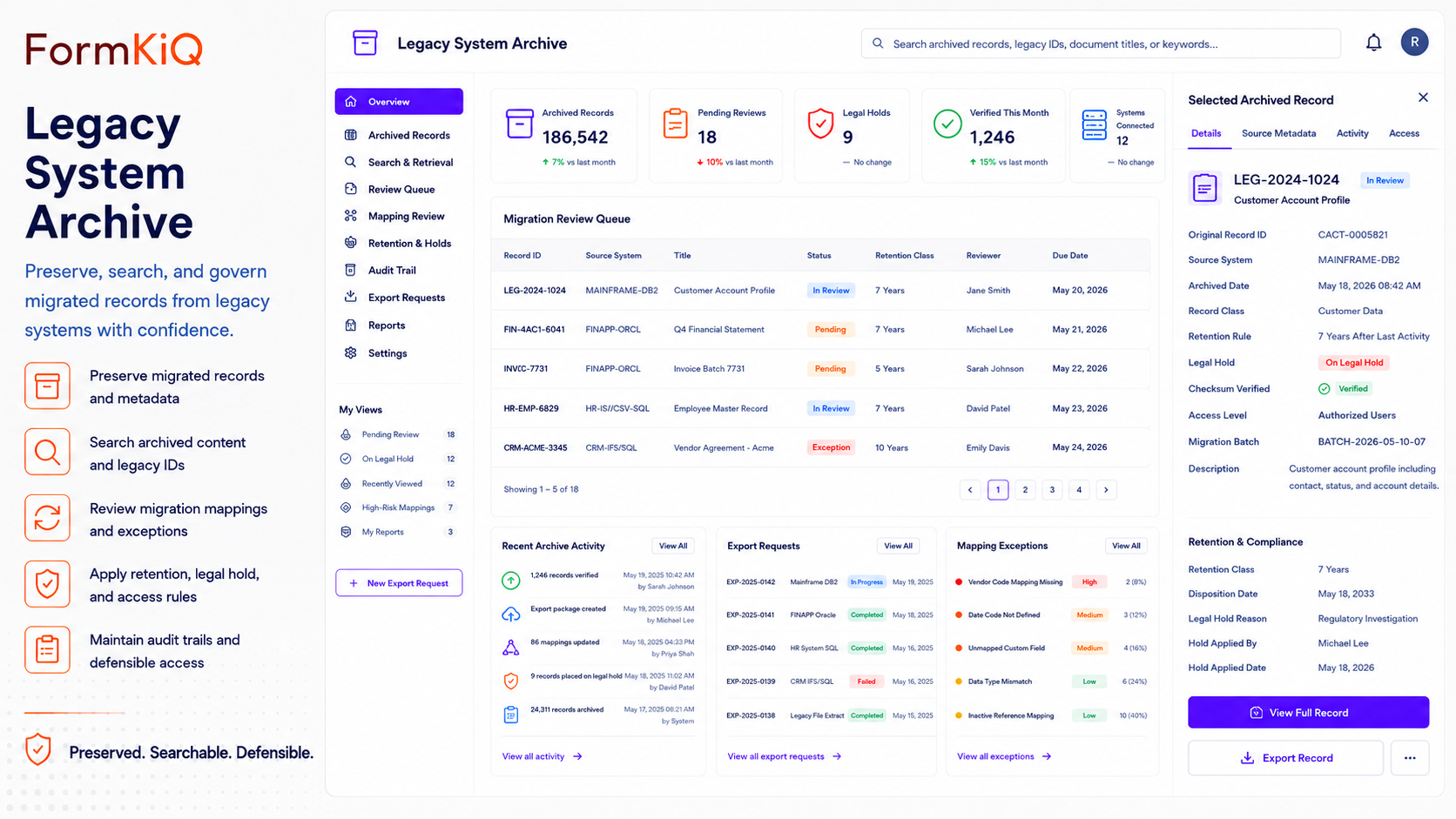 FormKiQ legacy system archive dashboard with source systems, archived documents, retention status, legal holds, and archive activity