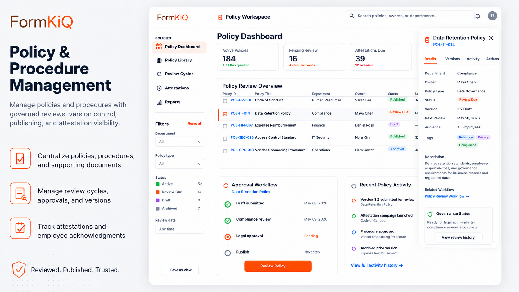 FormKiQ policy and procedure management dashboard with review cycles, approvals, versions, and attestation visibility