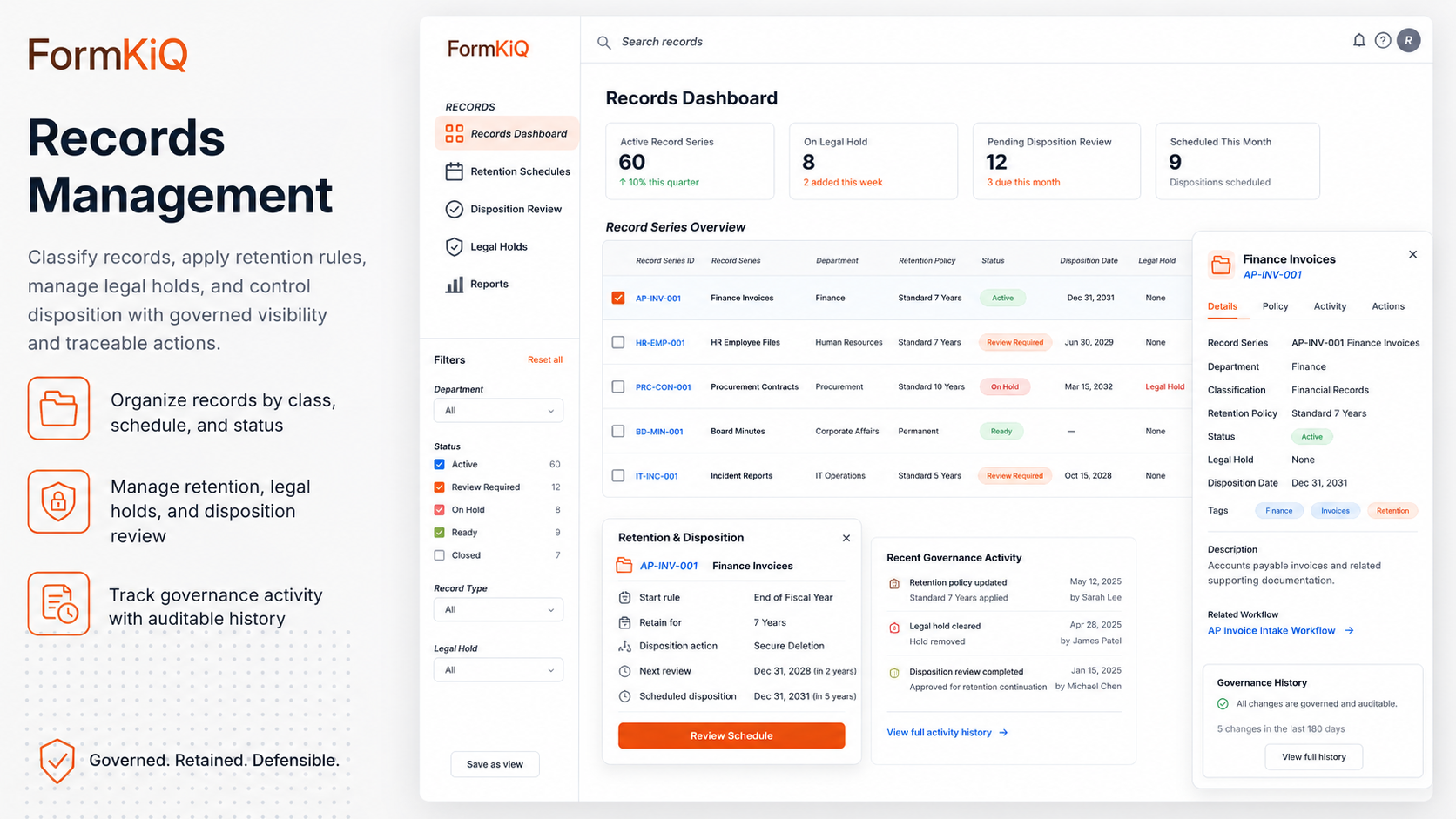 FormKiQ records management dashboard with retention schedules, legal holds, disposition review, and governance activity