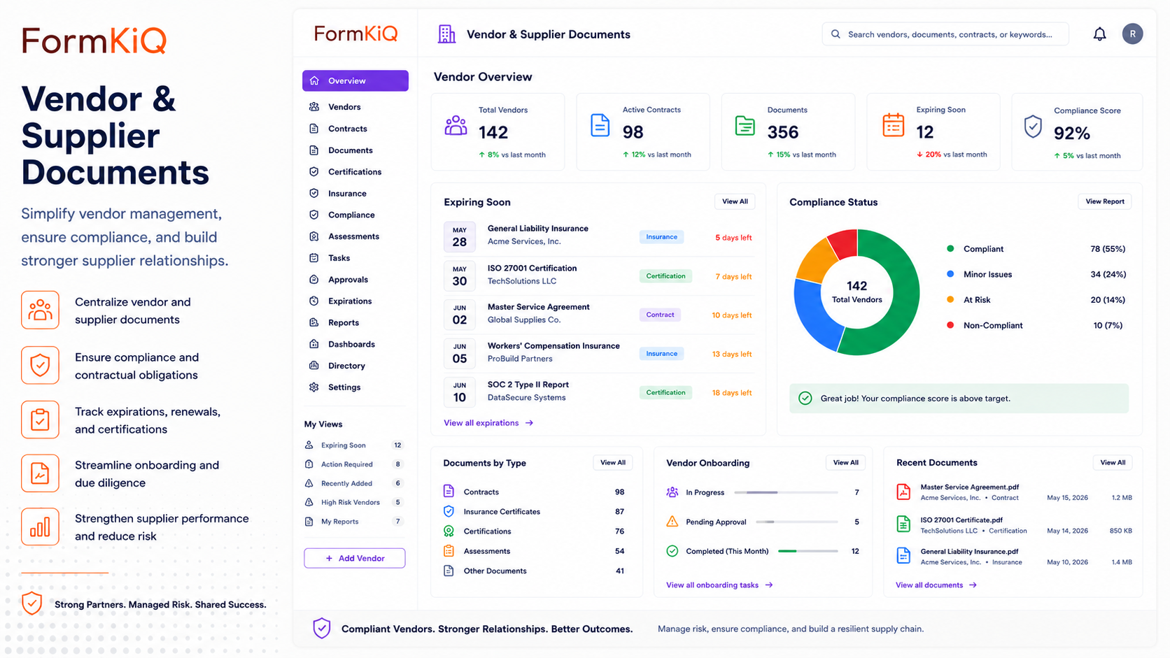 FormKiQ vendor and supplier documents dashboard with vendors, contracts, compliance status, expirations, and recent documents
