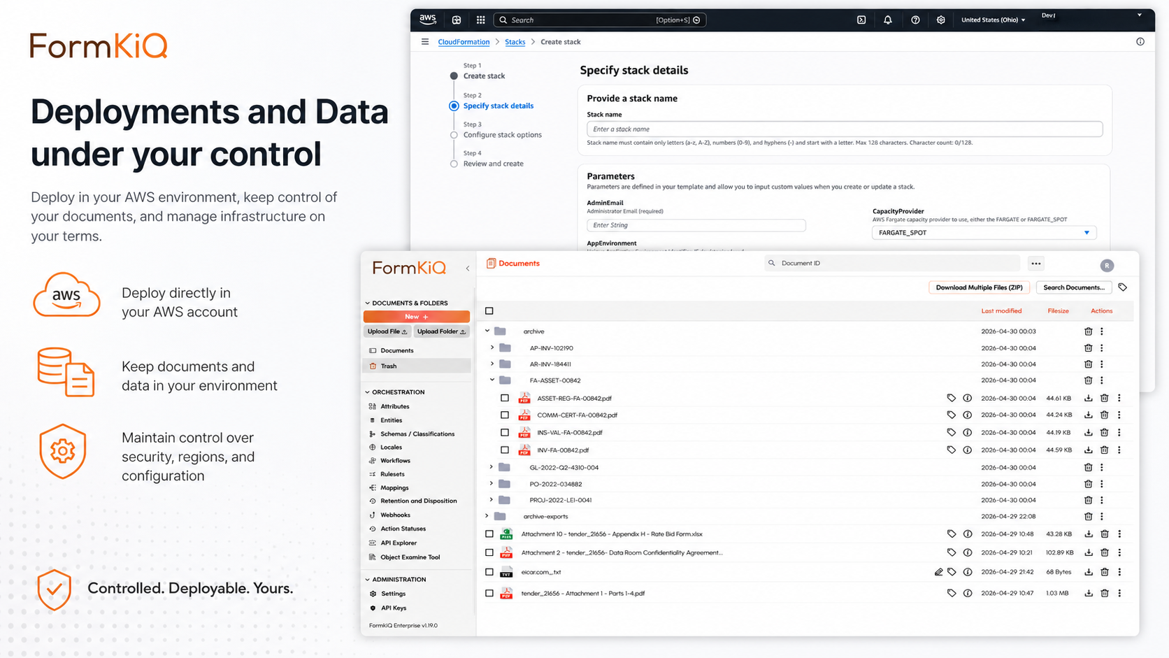 FormKiQ document console and AWS CloudFormation deployment — deployments and data under your control