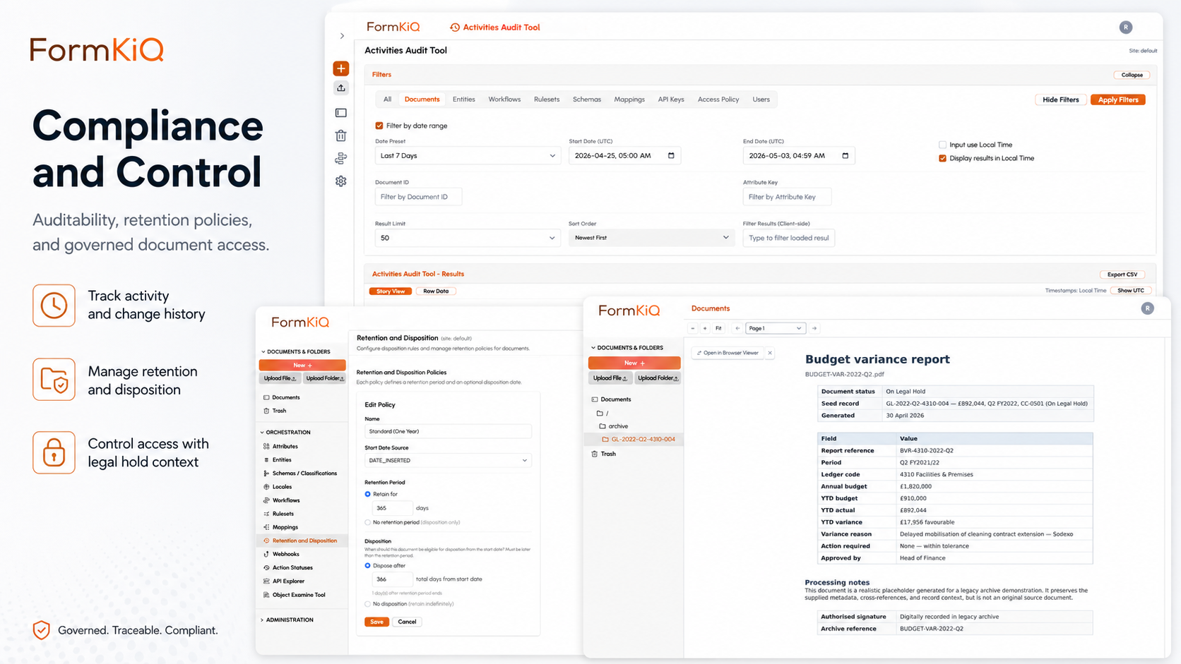 FormKiQ audit trail, retention controls, and governed document access — compliance and control in action