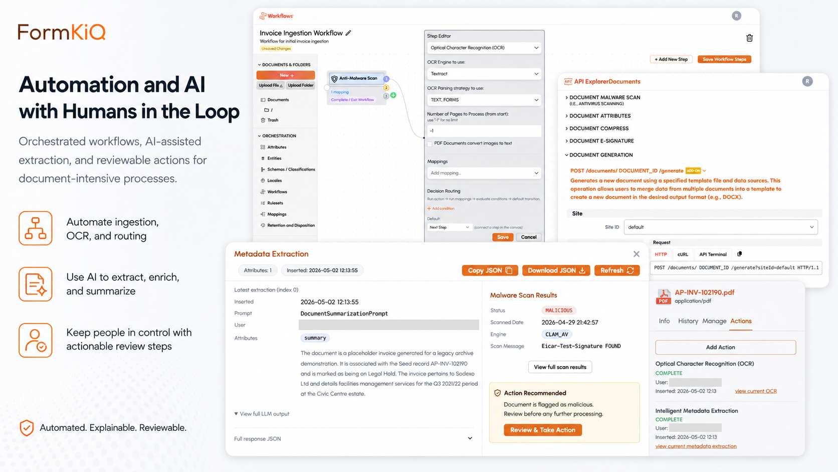 FormKiQ AI-powered document ingestion, metadata extraction, and human review workflow — automation and AI with humans in the loop