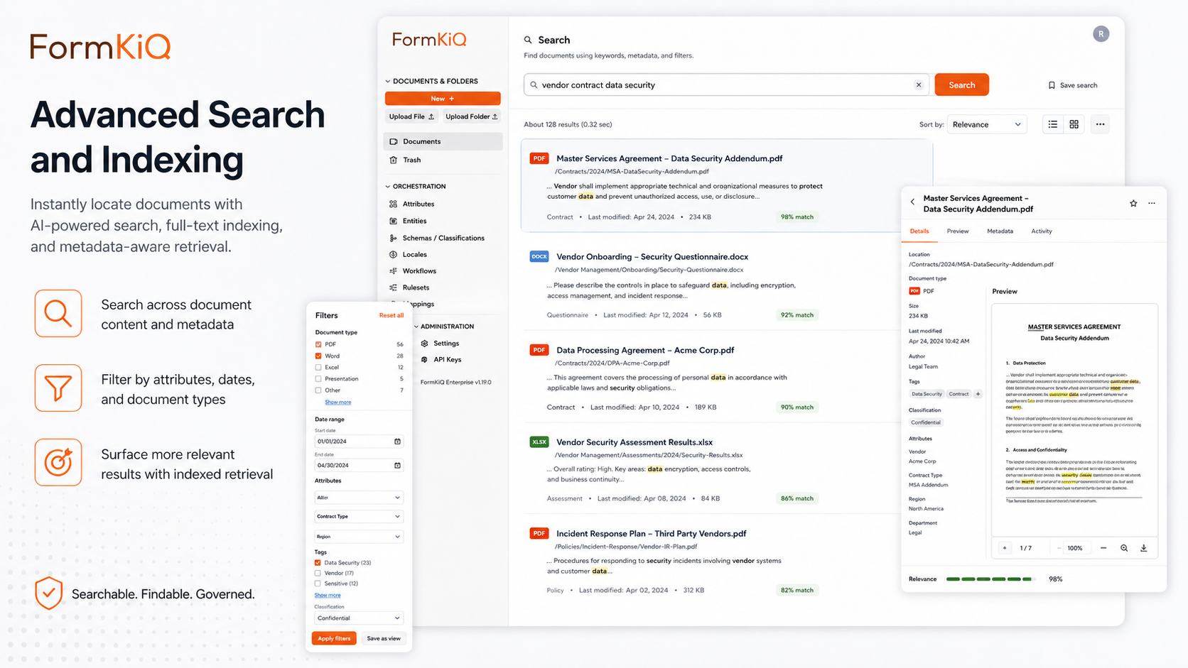 FormKiQ advanced search and indexing — AI-powered search, full-text indexing, and metadata-aware retrieval